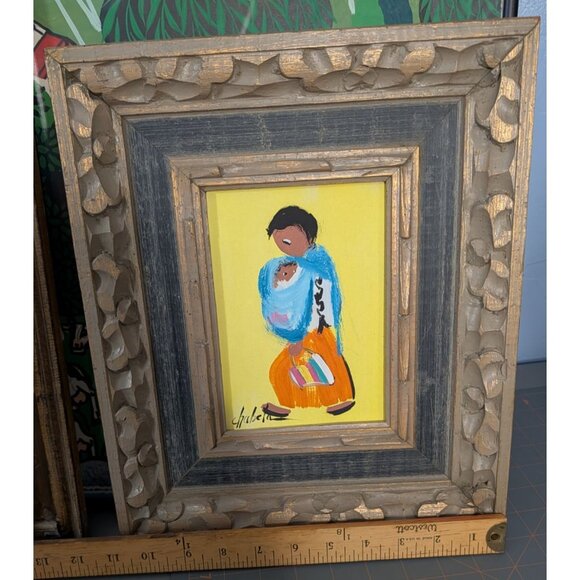 Signed "Chabela" Oil Painting on Board Woman Child Colorful Bag Ornate Frame - Picture 8 of 11